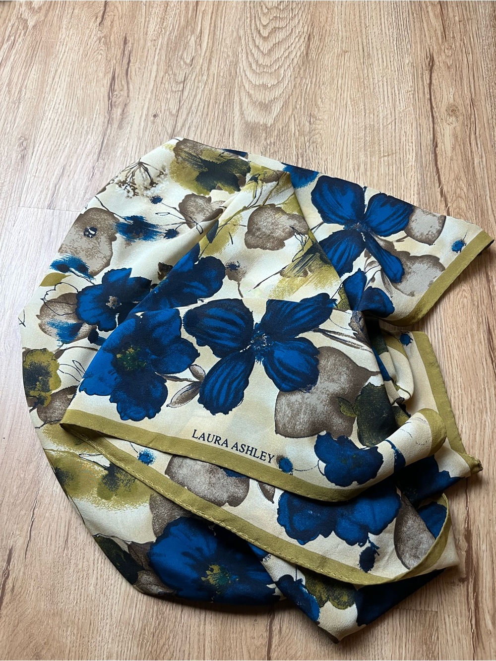 Vintage Laura Ashley Silk Floral Scarf Large Square Blue Olive Cream 32x33in